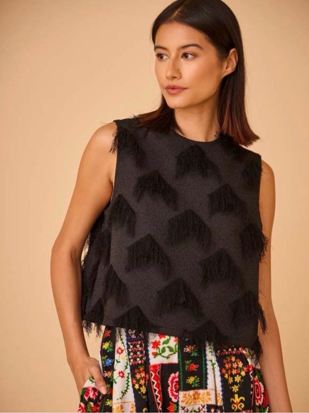 Hunter Bell Manning Black Fringe Sleeveless Top NWT